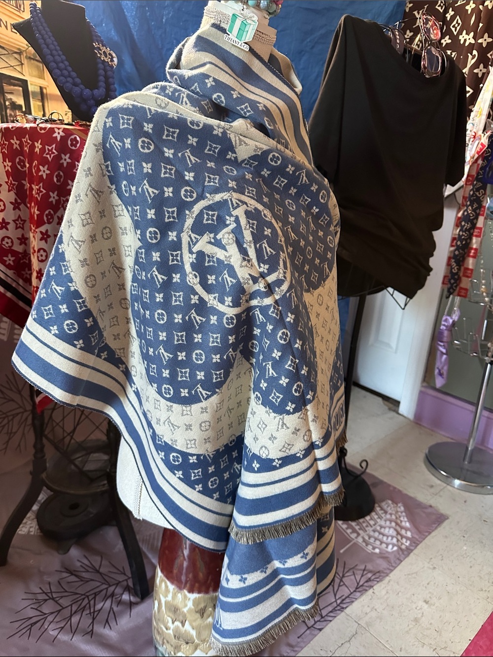 Luxury Blue and Cream Monogram Shawl - Designer-Inspired Home Accent